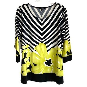 Venue Black White Lime Green Floral 3/4 Sleeve Top Size Medium